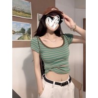 复古撞色条纹纯棉t恤女夏季设计感小众辣妹紧身短款上衣
