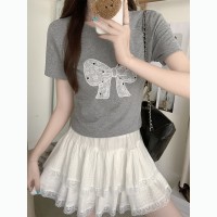 圆领正肩纯棉t恤女夏季蝴蝶结刺绣设计修身显瘦短款上衣