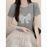 圆领正肩纯棉t恤女夏季蝴蝶结刺绣设计修身显瘦短款上衣