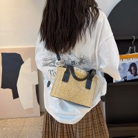 韩ins草编织手提包夏季新款休闲度假女菜篮子单肩包撞色斜挎包