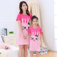 夏季儿童纯棉睡衣中大童卡通印花家居服宝宝女童睡裙子亲子装女士