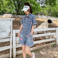 现货短袖春夏季牛仔印花宽松休闲连体裤女062档口2372款