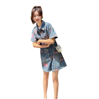现货短袖春夏季牛仔印花宽松休闲连体裤女062档口2372款