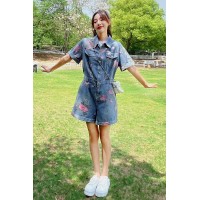 现货短袖春夏季牛仔印花宽松休闲连体裤女062档口2372款