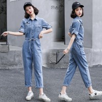 短袖牛仔连体裤女2024夏季新款女装时尚显瘦百搭工装休闲连衣裤潮