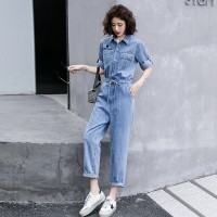 短袖牛仔连体裤女2024夏季新款女装时尚显瘦百搭工装休闲连衣裤潮