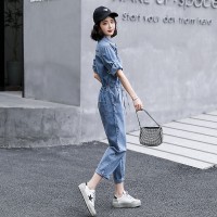 短袖牛仔连体裤女2024夏季新款女装时尚显瘦百搭工装休闲连衣裤潮