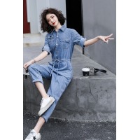 短袖牛仔连体裤女2024夏季新款女装时尚显瘦百搭工装休闲连衣裤潮