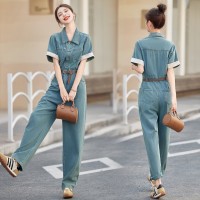 牛仔布简约街头中腰2024年夏季宽松休闲牛仔连体裤女短袖配腰带