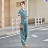 牛仔布简约街头中腰2024年夏季宽松休闲牛仔连体裤女短袖配腰带