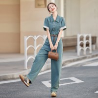 牛仔布简约街头中腰2024年夏季宽松休闲牛仔连体裤女短袖配腰带