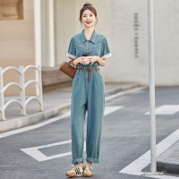 牛仔布简约街头中腰2024年夏季宽松休闲牛仔连体裤女短袖配腰带