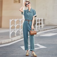 牛仔布简约街头中腰2024年夏季宽松休闲牛仔连体裤女短袖配腰带