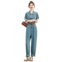 牛仔布简约街头中腰2024年夏季宽松休闲牛仔连体裤女短袖配腰带