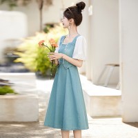 新中式盘扣拼接牛仔裙女2024夏季新款休闲时尚优雅气质连衣裙