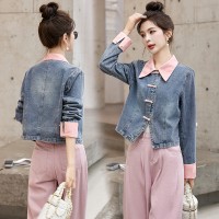 新中式盘扣牛仔拼接外套女春季2024新款小个子短款牛仔外套
