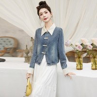 新中式盘扣牛仔拼接外套女春季2024新款小个子短款牛仔外套