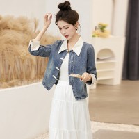 新中式盘扣牛仔拼接外套女春季2024新款小个子短款牛仔外套