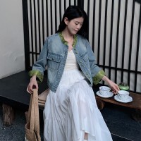 新中式牛仔短外套女2024早春新款大码女装小个子复古夹克上衣