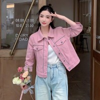 现货新款韩版宽松显瘦拼接Polo领短外套女设计感新中式牛仔外套