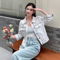 现货新款韩版宽松显瘦拼接Polo领短外套女设计感新中式牛仔外套