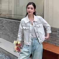 现货新款韩版宽松显瘦拼接Polo领短外套女设计感新中式牛仔外套