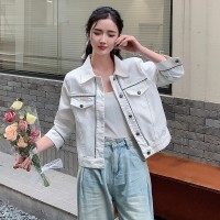 现货新款韩版宽松显瘦拼接Polo领短外套女设计感新中式牛仔外套