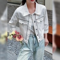 现货新款韩版宽松显瘦拼接Polo领短外套女设计感新中式牛仔外套