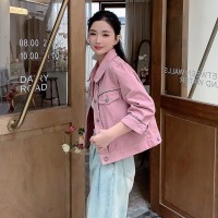 现货新款韩版宽松显瘦拼接Polo领短外套女设计感新中式牛仔外套
