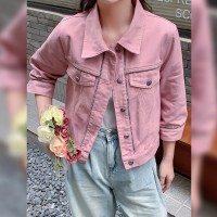 现货新款韩版宽松显瘦拼接Polo领短外套女设计感新中式牛仔外套