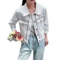现货新款韩版宽松显瘦拼接Polo领短外套女设计感新中式牛仔外套