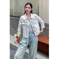现货新款韩版宽松显瘦拼接Polo领短外套女设计感新中式牛仔外套