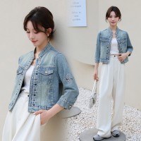 欧洲站设计感重工钉珠牛仔外套女2024春季新款新中式时尚百搭上衣