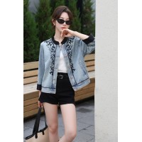 蓝色新中式刺绣牛仔外套女短款2024春装新款韩版小个子设计感上衣