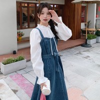 现货2024年春季甜美可爱棉衬衫加牛仔背心裙套装二件套