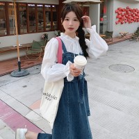现货2024年春季甜美可爱棉衬衫加牛仔背心裙套装二件套