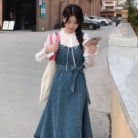 现货2024年春季甜美可爱棉衬衫加牛仔背心裙套装二件套