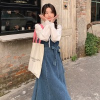 现货2024年春季甜美可爱棉衬衫加牛仔背心裙套装二件套