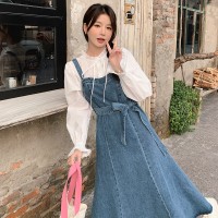 现货2024年春季甜美可爱棉衬衫加牛仔背心裙套装二件套