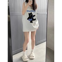 卡通印花210克后包条春夏季宽松纯棉印花无袖背心女