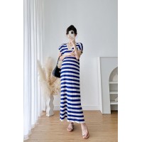 现货2024夏季红孕妇装韩版时尚条纹显瘦哺乳连衣裙