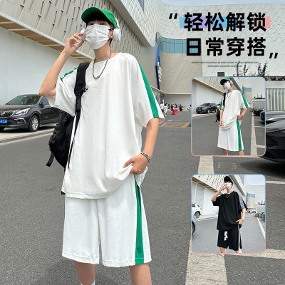 <!--S07休闲运动套装男士夏季冰感宽松圆领拼色设计感T恤短裤两件套-->