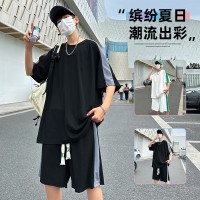 S07休闲运动套装男士夏季冰感宽松圆领拼色设计感T恤短裤两件套