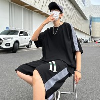 S07休闲运动套装男士夏季冰感宽松圆领拼色设计感T恤短裤两件套