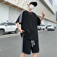 S07休闲运动套装男士夏季冰感宽松圆领拼色设计感T恤短裤两件套