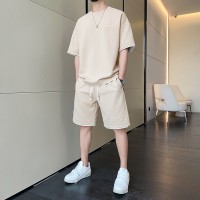 华夫格夏季大码休闲短袖潮流套装男生透气百搭帅气宽松运动两件套