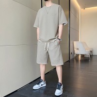 华夫格夏季大码休闲短袖潮流套装男生透气百搭帅气宽松运动两件套