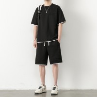 华夫格夏季大码休闲短袖潮流套装男生透气百搭帅气宽松运动两件套