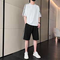 可二开定制新款夏季男潮流宽松学生短袖T恤两件套圆领运动套装