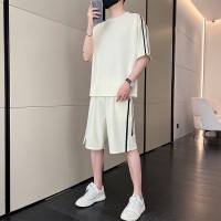 可二开定制新款夏季男潮流宽松学生短袖T恤两件套圆领运动套装